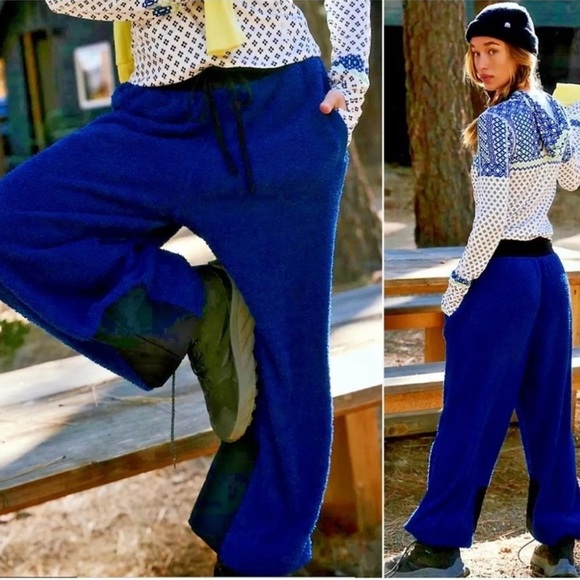 NWT Free People Movement Blue Cuddle Up Fleece Tie Waist Cozy Pants Joggers - Picture 1 of 9